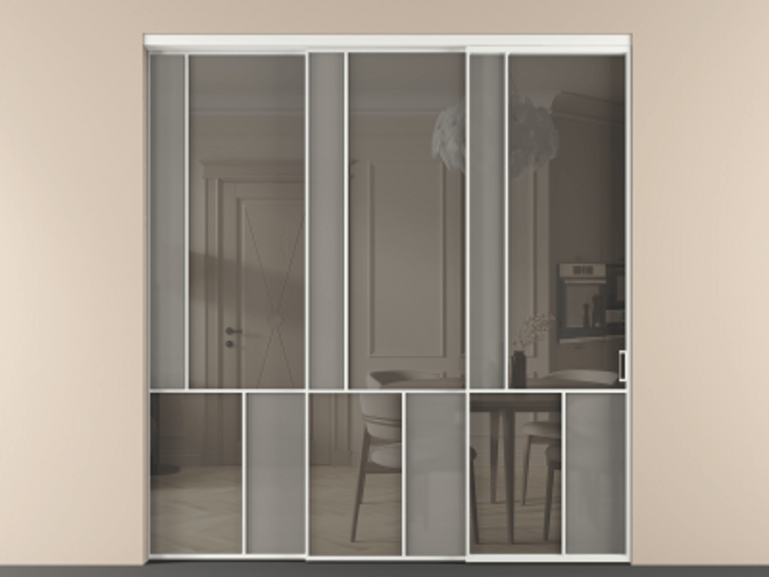 Перегородка Мозаик внутри проёма 3 створки с синхронным механизмом АЛПР 041.20  Алюминий белоснежный Сатинированное серое стекло, триплекс, 6 мм + Прозрачное серое стекло, триплекс Цена 636840 сом | Volhovec