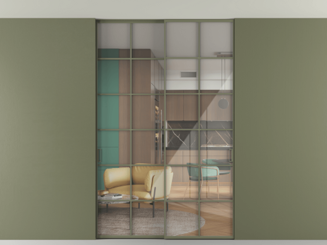 Перегородка Формато внутри проёма скрытое крепление в потолок 2 створки АЛПР 040.05 Алюминий оливковый тёмный Рефлективное прозрачное стекло "Стопсол", калёное Цена 469820 сом | Volhovec