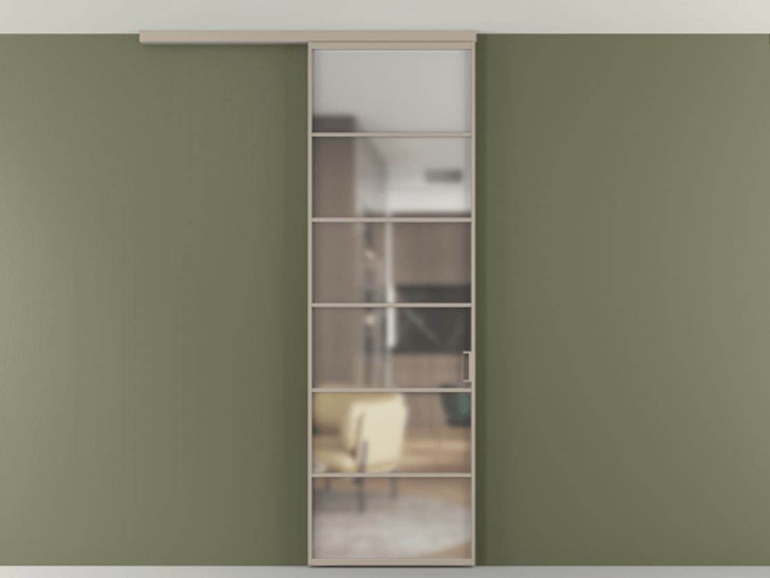 Перегородка Формато вдоль стены на потолок 1 створка АЛПР 040.04 Алюминий бисквитный Сатинированное стекло "Мателюкс Кристал Вижн", калёное, матовое, каленое 6 мм Цена 166351 сом | Volhovec