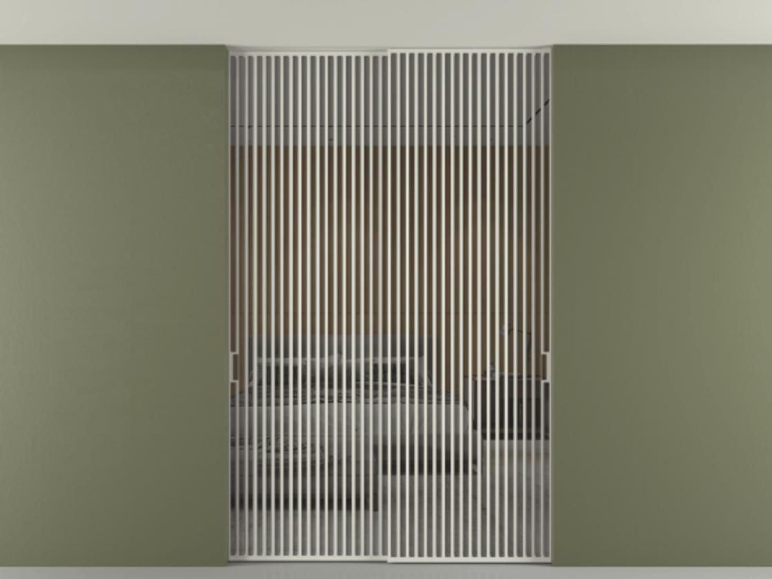 Перегородка Формато внутри проёма скрытое крепление в потолок 2 створки АЛПР 040.06 Алюминий Белый Рефлективное серое стекло "Стопсол", калёное Цена 732160 сом | Volhovec