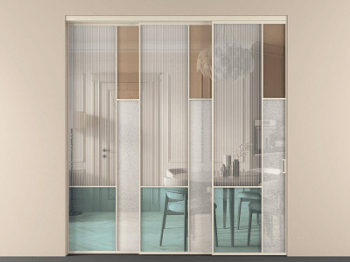 Перегородка Mosaic внутри проёма 3 створки с синхронным механизмом АЛПР 041.12 Алюминий бежево-серый Комбинация стекол Группы 1 и Группы 3 Цена 663050 сом | Volhovec