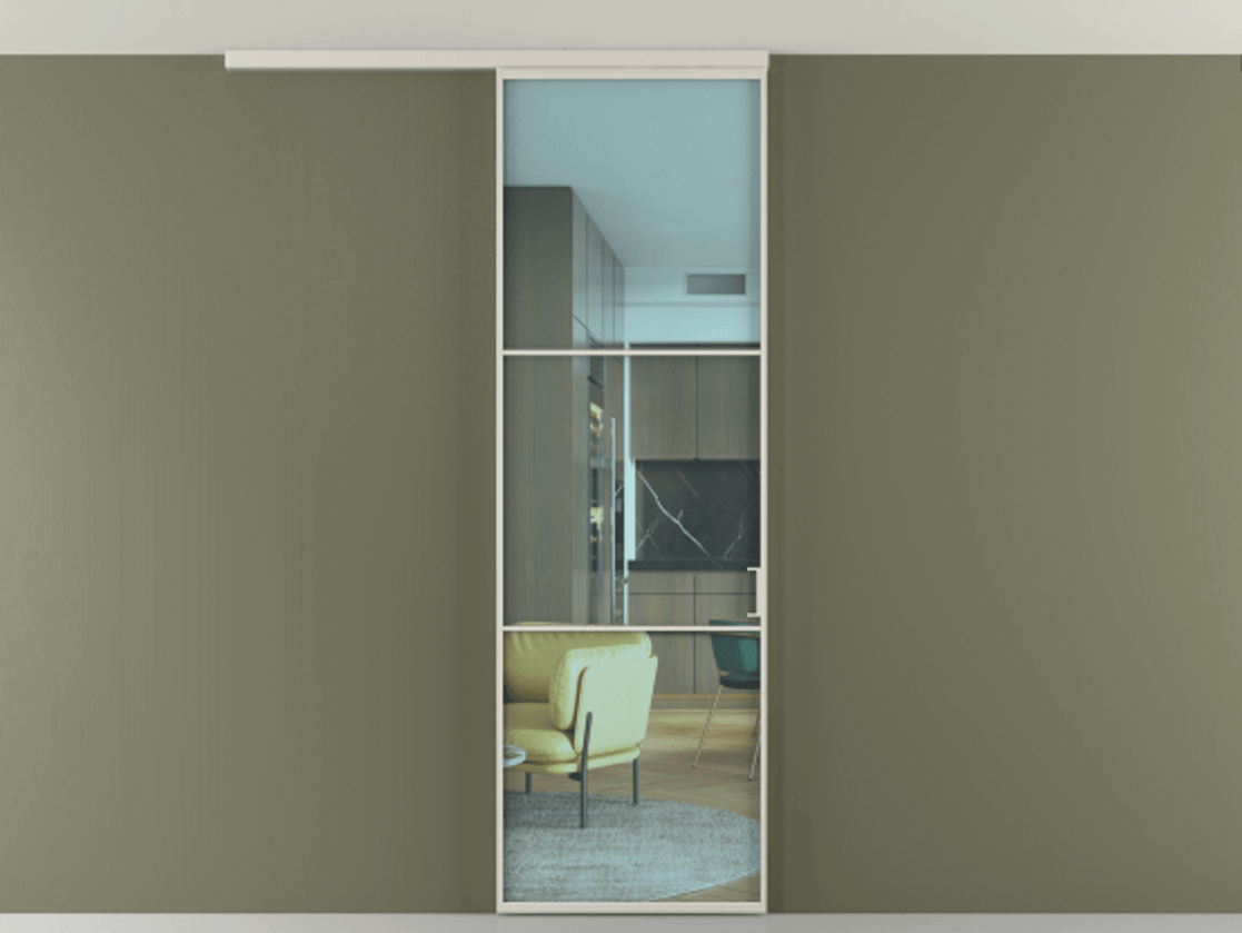 Перегородка Формато вдоль стены на потолок 1 створка АЛПР 040.03 Алюминий облачно-серый Прозрачное голубое стекло, триплекс Цена 141020 сом | Volhovec