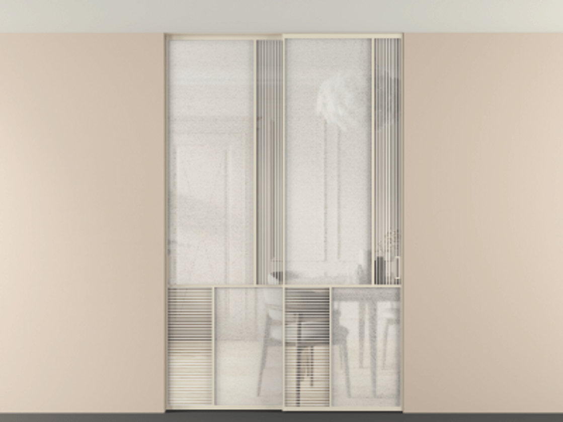 Перегородка Мозаик внутри проёма скрытое крепление в потолок 2 створки АЛПР 041.21 Алюминий бежево-серый Рифлёное стекло "Дюна", триплекс, 6 мм + Фактурное стекло "Лёд", триплекс Цена 495880 сом | Volhovec