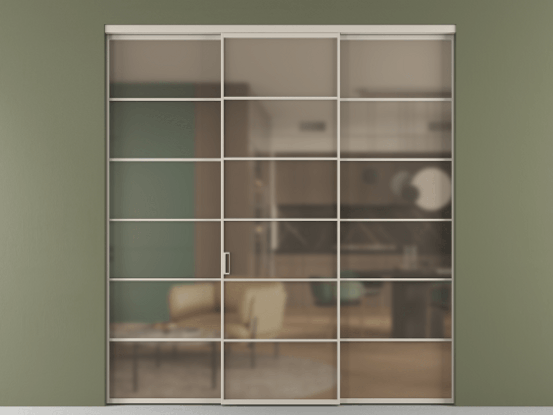 Перегородка Формато внутри проёма 3 створки АЛПР 040.04 Алюминий светло-бежевый Сатинированное бронзовое стекло, триплекс Цена 371030 сом | Volhovec