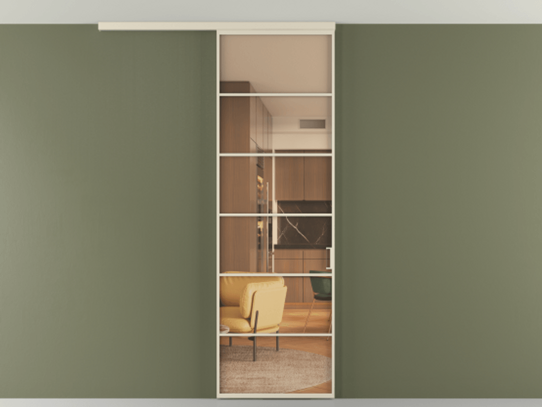 Перегородка Формато вдоль стены на потолок 1 створка АЛПР 040.04 Алюминий бежево-серый Прозрачное оранжевое стекло, триплекс Цена 150390 сом | Volhovec