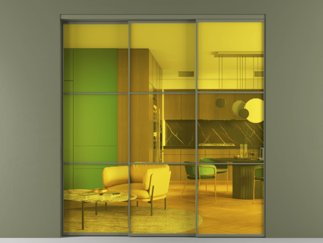 Перегородка Formato внутри проёма 3 створки с синхронным механизмом АЛПР 040.03 Алюминий оливковый тёмный Прозрачное жёлтое стекло, триплекс Цена 501650.8 сом  | Volhovec