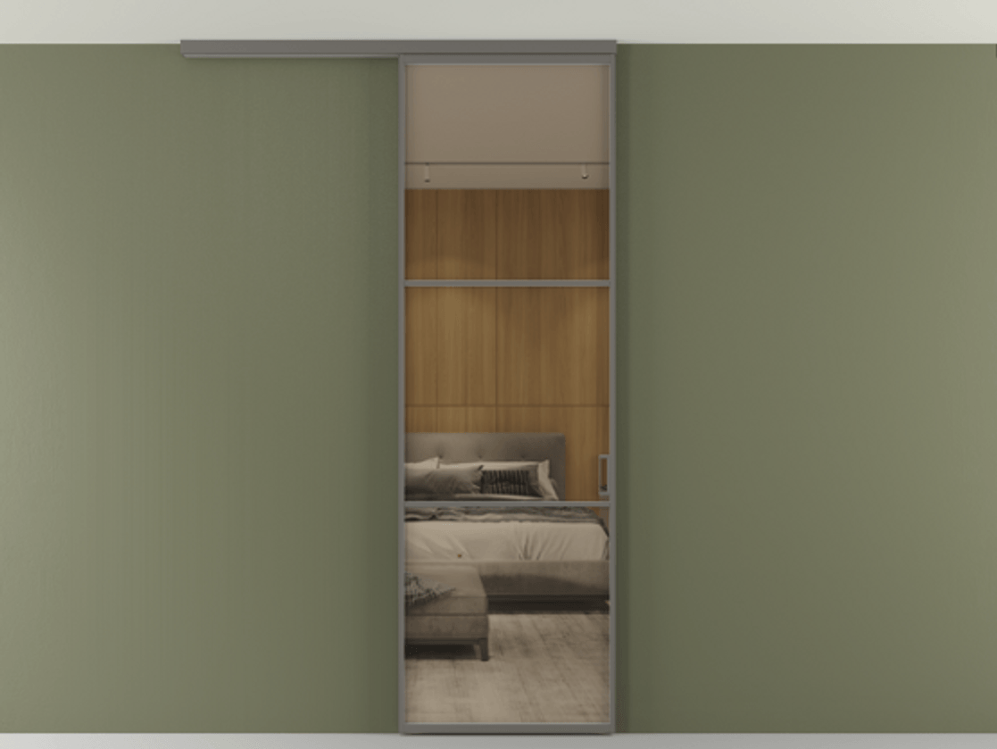 Перегородка Формато вдоль стены на потолок 1 створка АЛПР 040.03 Алюминий классический серый Рефлективное бронзовое стекло "Стопсол", калёное Цена 156360 сом | Volhovec