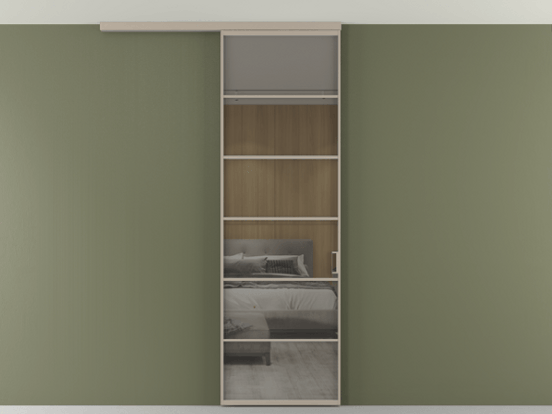 Перегородка Formato вдоль стены на потолок 1 створка АЛПР 040.04 Алюминий бисквитный Рефлективное серое стекло "Stopsol", калёное Цена 195240 сом | Volhovec