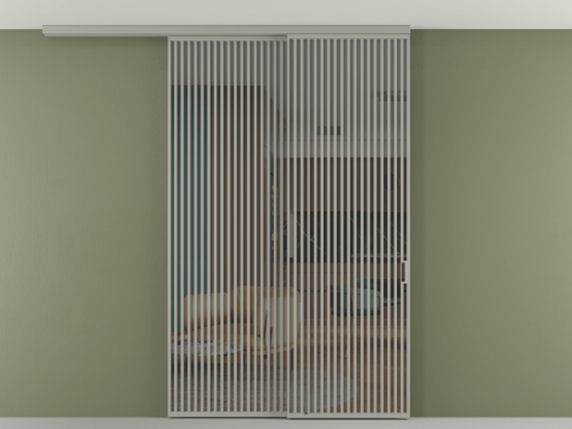 Перегородка Формато вдоль стены на потолок 2 створки с синхронным механизмом АЛПР 040.06 Алюминий нейтральный серый Прозрачное серое стекло, триплекс Цена 655860 сом | Volhovec