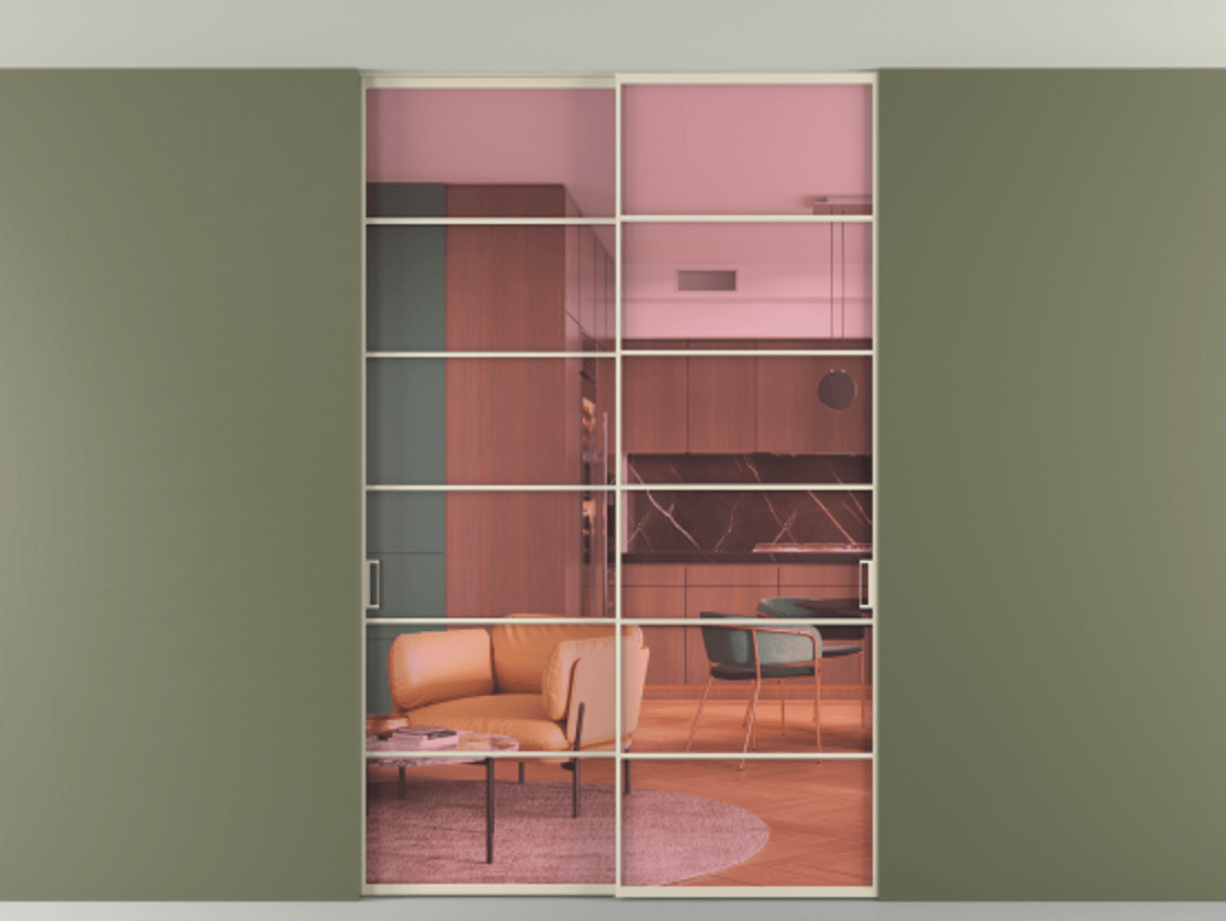 Перегородка Формато внутри проёма скрытое крепление в потолок 2 створки АЛПР 040.04 Алюминий бежево-серый Прозрачное розовое стекло, триплекс Цена 380140 сом | Volhovec