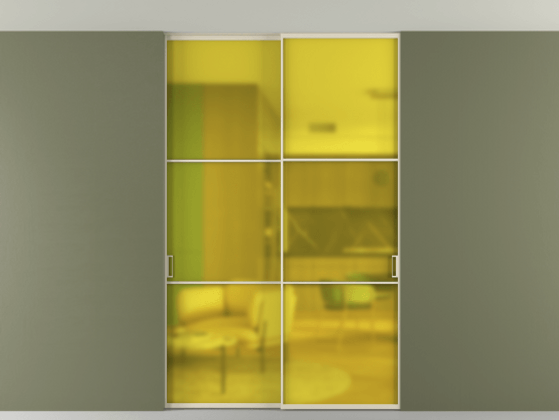 Перегородка Formato внутри проёма скрытое крепление в потолок 2 створки АЛПР 040.03 Алюминий бежево-серый Сатинированное жёлтое стекло, триплекс Цена 421540 сом | Volhovec