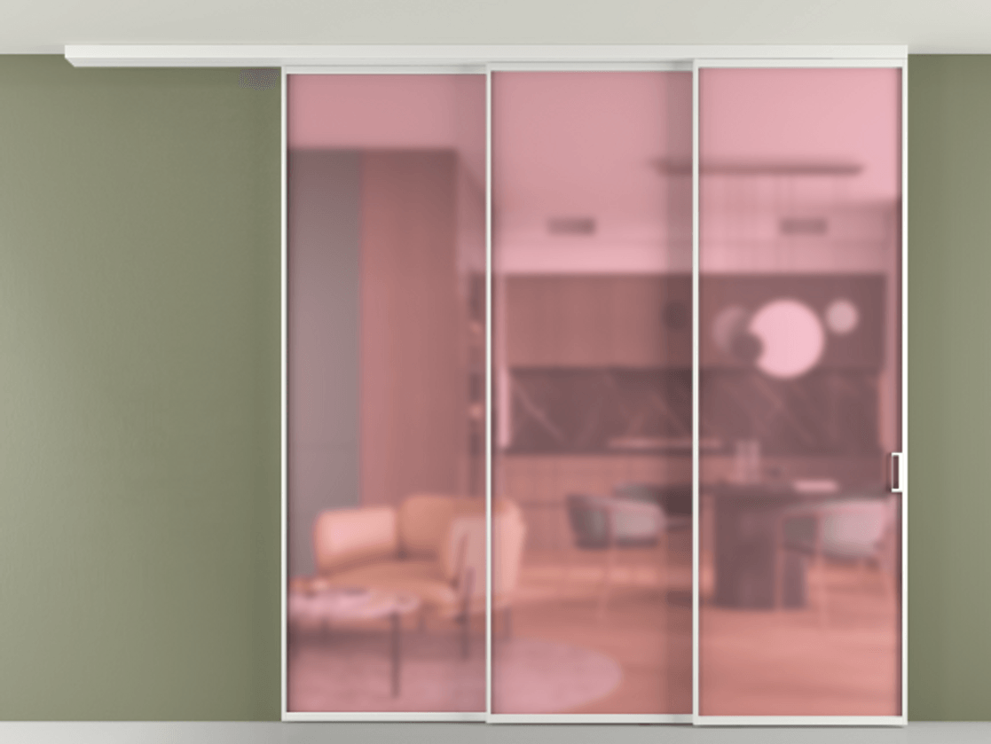 Перегородка Формато вдоль стены на потолок 3 створки с синхронным механизмом АЛПР 040.01 Алюминий белоснежный Сатинированное розовое стекло, триплекс Цена 556350 сом | Volhovec