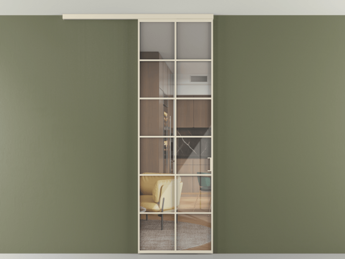 Перегородка Формато вдоль стены на потолок 1 створка АЛПР 040.05 Алюминий бежево-серый Рефлективное прозрачное стекло "Стопсол", калёное Цена 195240 сом | Volhovec