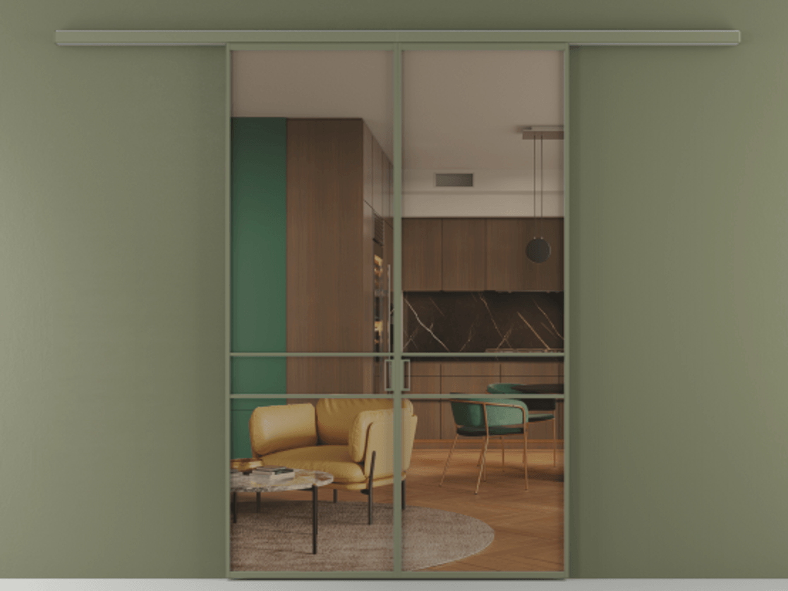 Перегородка Формато вдоль стены 2 створки АЛПР 040.02 Алюминий оливковый тёмный Прозрачное бронзовое стекло, триплекс Цена 284580 сом | Volhovec