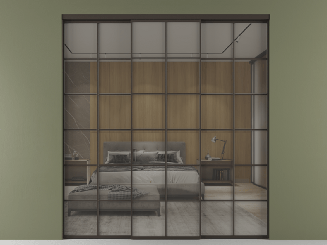 Перегородка Формато внутри проёма 3 створки АЛПР 040.05 Алюминий антрацит Рефлективное серое стекло "Стопсол", калёное Цена 496500 сом | Volhovec