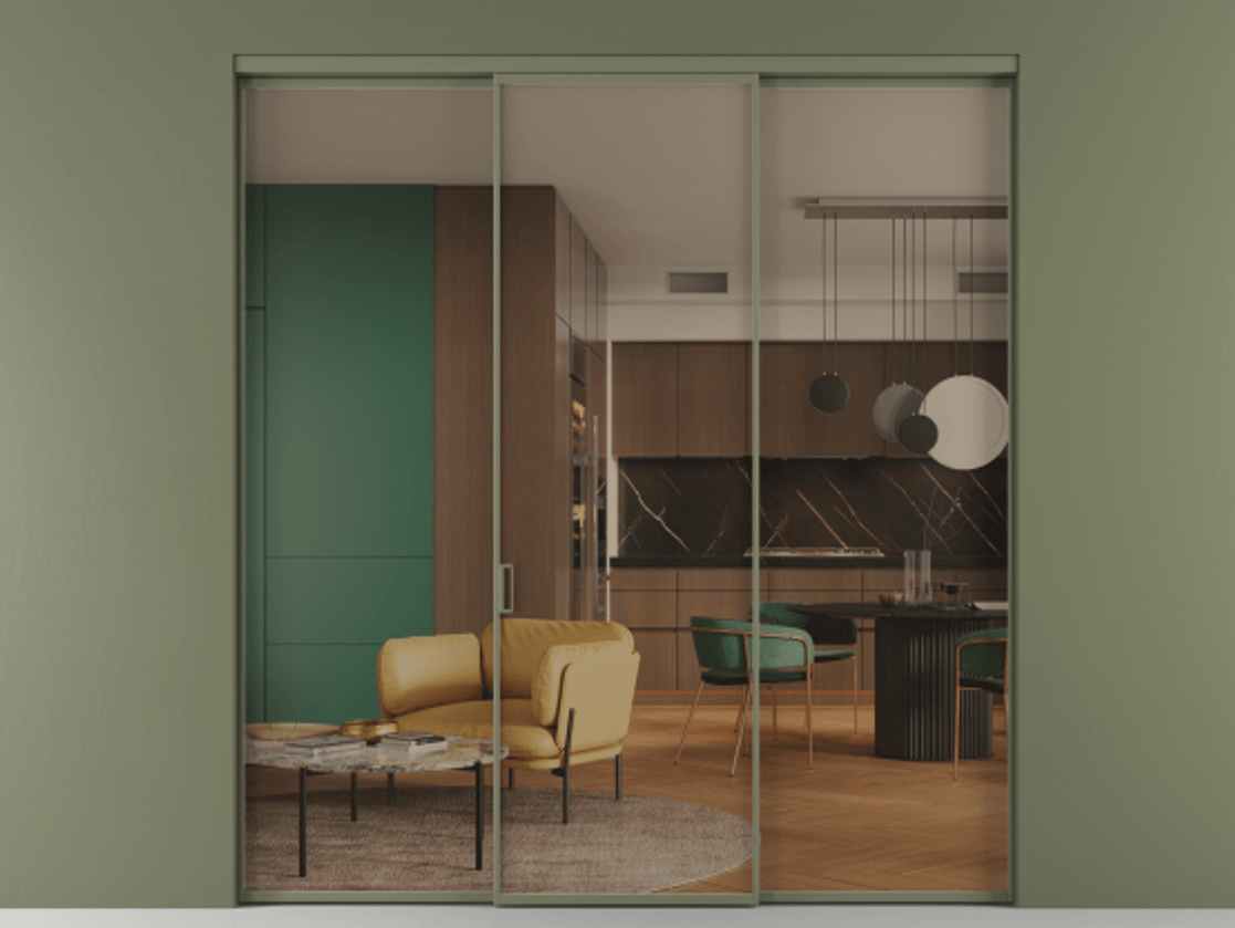 Перегородка Formato внутри проёма 3 створки АЛПР 040.01 Алюминий оливковый тёмный Прозрачное бронзовое стекло, триплекс Цена 327780 сом | Volhovec