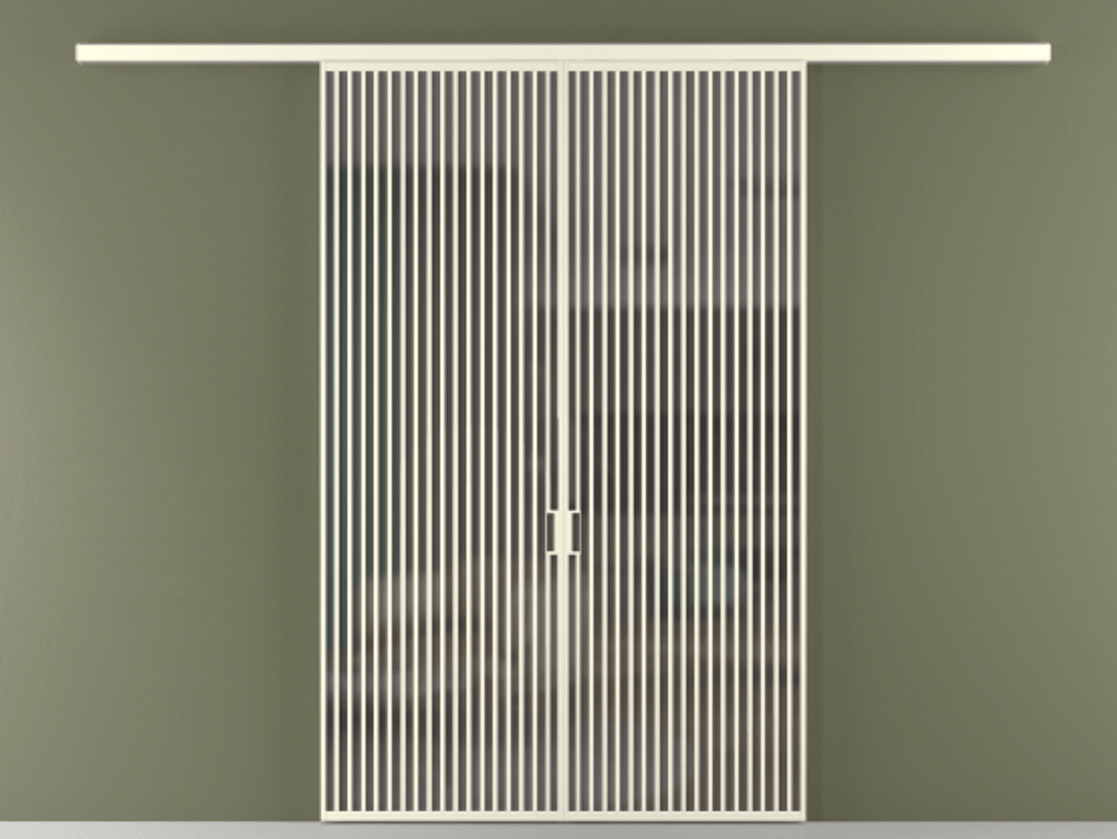 Перегородка Формато вдоль стены 2 створки АЛПР 040.06 Алюминий молочно-белый Сатинированное серое стекло, триплекс Цена 410940 ₽ | Volhovec