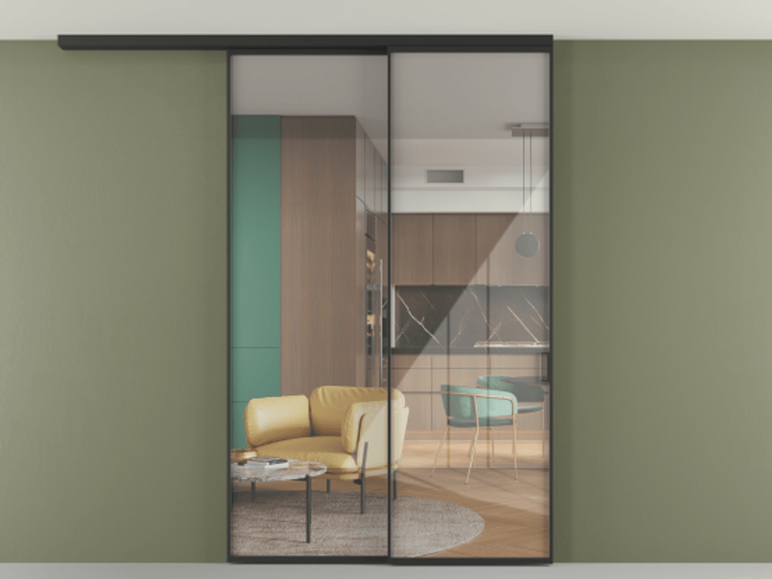 Перегородка Формато вдоль стены на потолок 2 створки с синхронным механизмом АЛПР 040.01 Алюминий Черный Рефлективное прозрачное стекло "Стопсол", калёное Цена 437761 сом | Volhovec