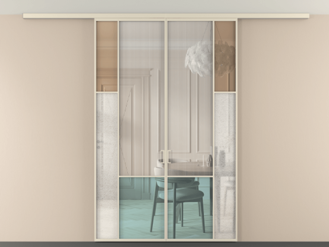 Перегородка Mosaic вдоль стены на потолок 2 створки АЛПР 041.12 Алюминий бежево-серый Комбинация стекол Группы 1 и Группы 3 Цена 274980 ₽ | Volhovec