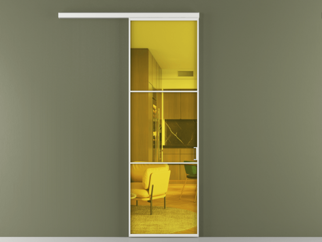 Перегородка Формато вдоль стены 1 створка АЛПР 040.03 Алюминий белоснежный Прозрачное жёлтое стекло, триплекс Цена 154450 сом  | Volhovec