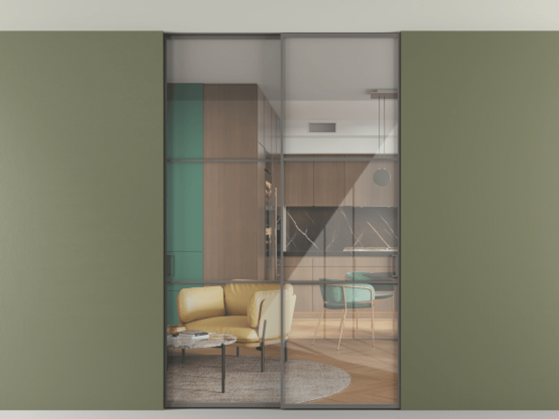 Перегородка Формато внутри проёма скрытое крепление в потолок 2 створки АЛПР 040.03 Алюминий классический серый Рефлективное прозрачное стекло "Стопсол", калёное Цена 444840 сом | Volhovec