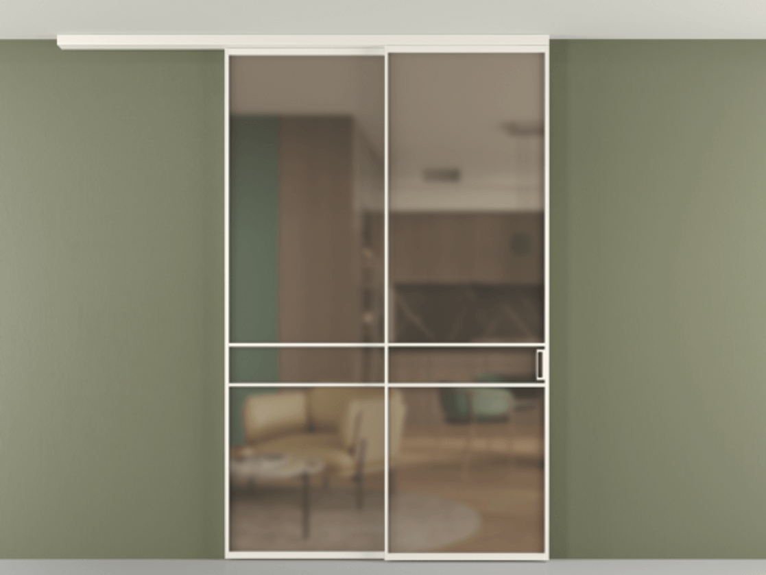 Перегородка Формато вдоль стены на потолок 2 створки с синхронным механизмом АЛПР 040.02 Алюминий пудровый белый Сатинированное бронзовое стекло, триплекс Цена 452850 сом | Volhovec