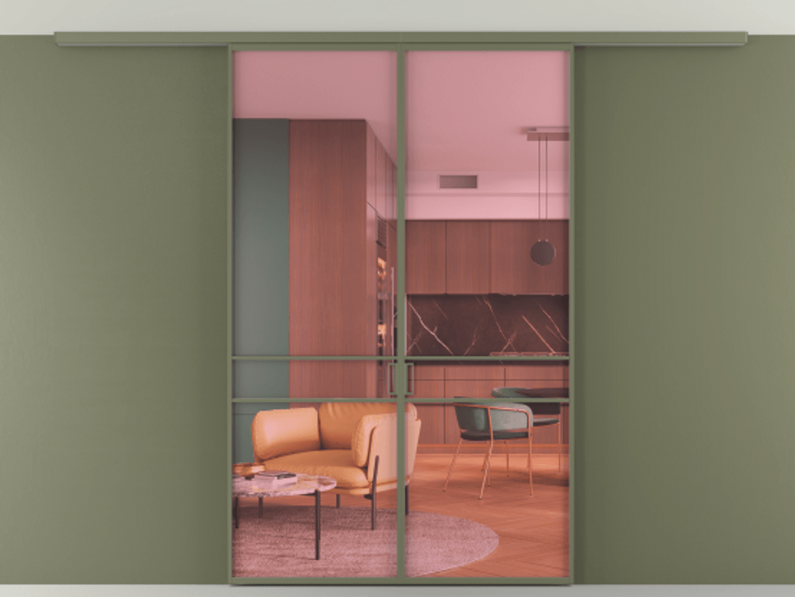 Перегородка Formato вдоль стены на потолок 2 створки АЛПР 040.02 Алюминий оливковый тёмный Прозрачное розовое стекло, триплекс Цена 283740 сом | Volhovec