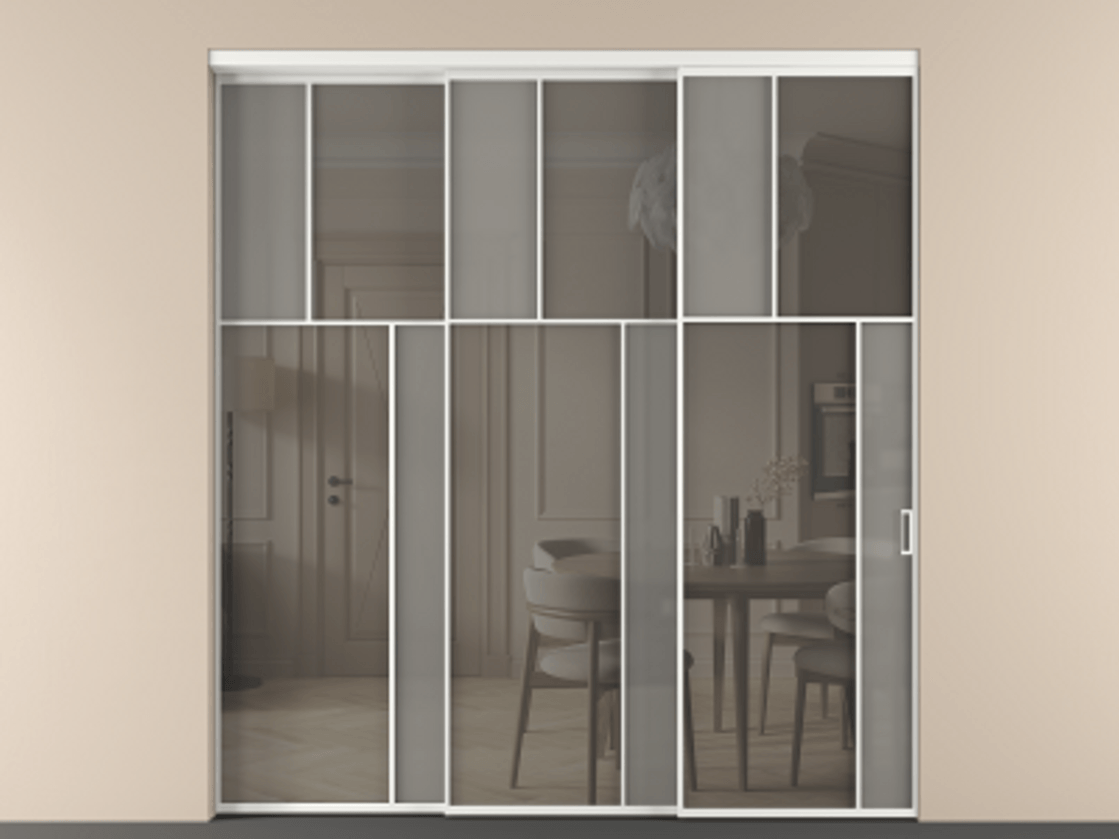 Перегородка Мозаик внутри проёма 3 створки с синхронным механизмом АЛПР 041.23 Алюминий белоснежный Сатинированное серое стекло, триплекс, 6 мм + Прозрачное серое стекло, триплекс Цена 636840 сом | Volhovec