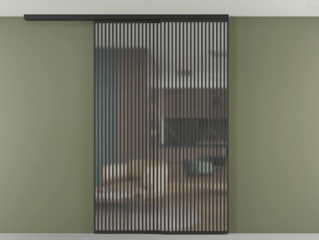 Перегородка Формато вдоль стены на потолок 2 створки с синхронным механизмом АЛПР 040.06 Алюминий Черный Сатинированное стекло "Мателюкс Кристал Вижн", калёное, матовое, каленое 6 мм Цена 753280 сом | Volhovec