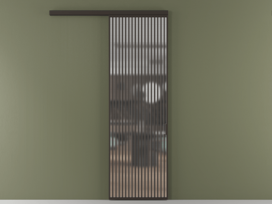 Перегородка Formato вдоль стены одностворчатая АЛПР 040.06 Алюминий антрацит Декоративное стекло с сеткой "Mesh silver", триплекс, 6 мм Цена 43543500 so'm  | Volhovec