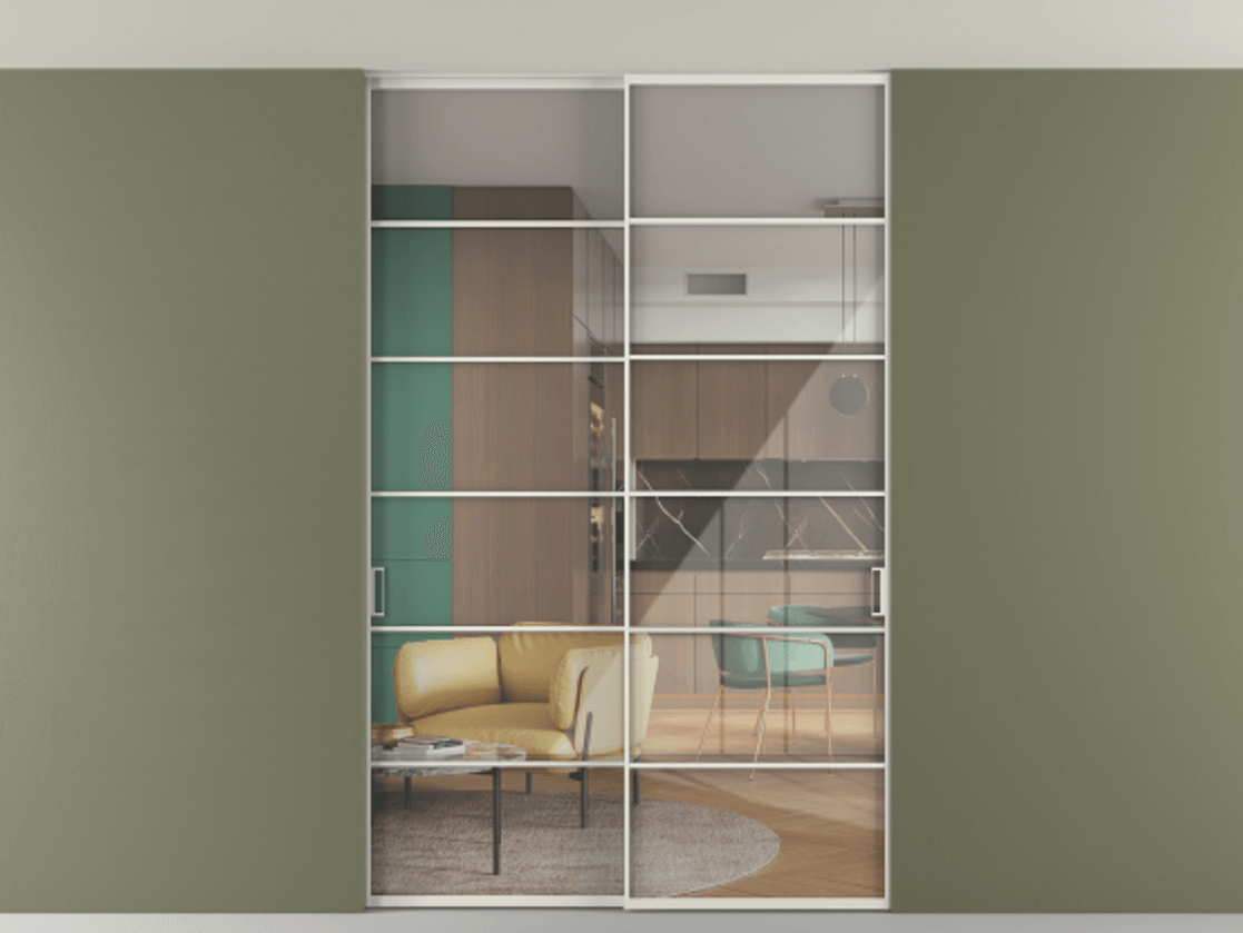 Перегородка Формато внутри проёма скрытое крепление в потолок 2 створки АЛПР 040.04 Алюминий серый Рефлективное прозрачное стекло "Стопсол", калёное Цена 469820 сом | Volhovec