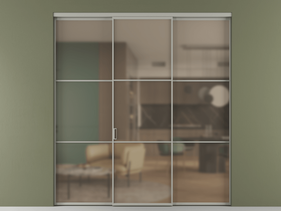 Перегородка Формато внутри проёма 3 створки АЛПР 040.03 Алюминий нейтральный серый Сатинированное бронзовое стекло, триплекс Цена 345470 сом | Volhovec