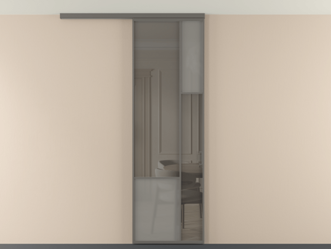 Перегородка Мозаик вдоль стены на потолок 1 створка АЛПР 041.12 Алюминий классический серый Сатинированное серое стекло, триплекс, 6 мм + Прозрачное серое стекло, триплекс Цена 196620 сом | Volhovec