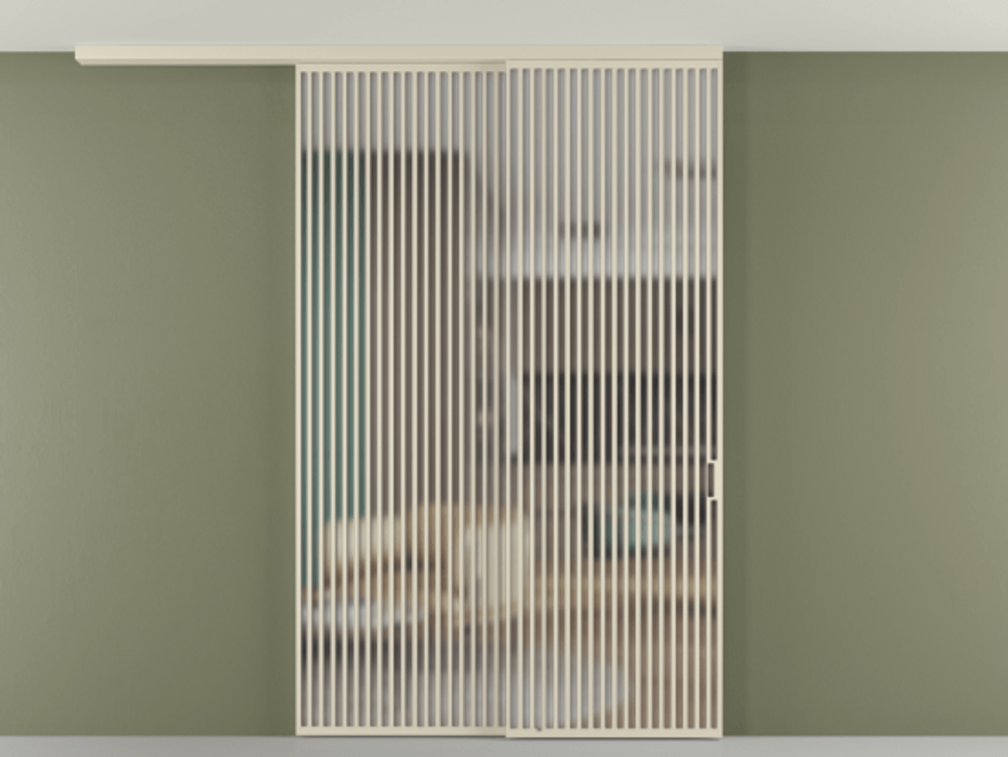 Перегородка Формато вдоль стены на потолок 2 створки с синхронным механизмом АЛПР 040.06 Алюминий бежево-серый Сатинированное стекло "Мателюкс Кристал Вижн", калёное, матовое, каленое 6 мм Цена 790050 сом | Volhovec