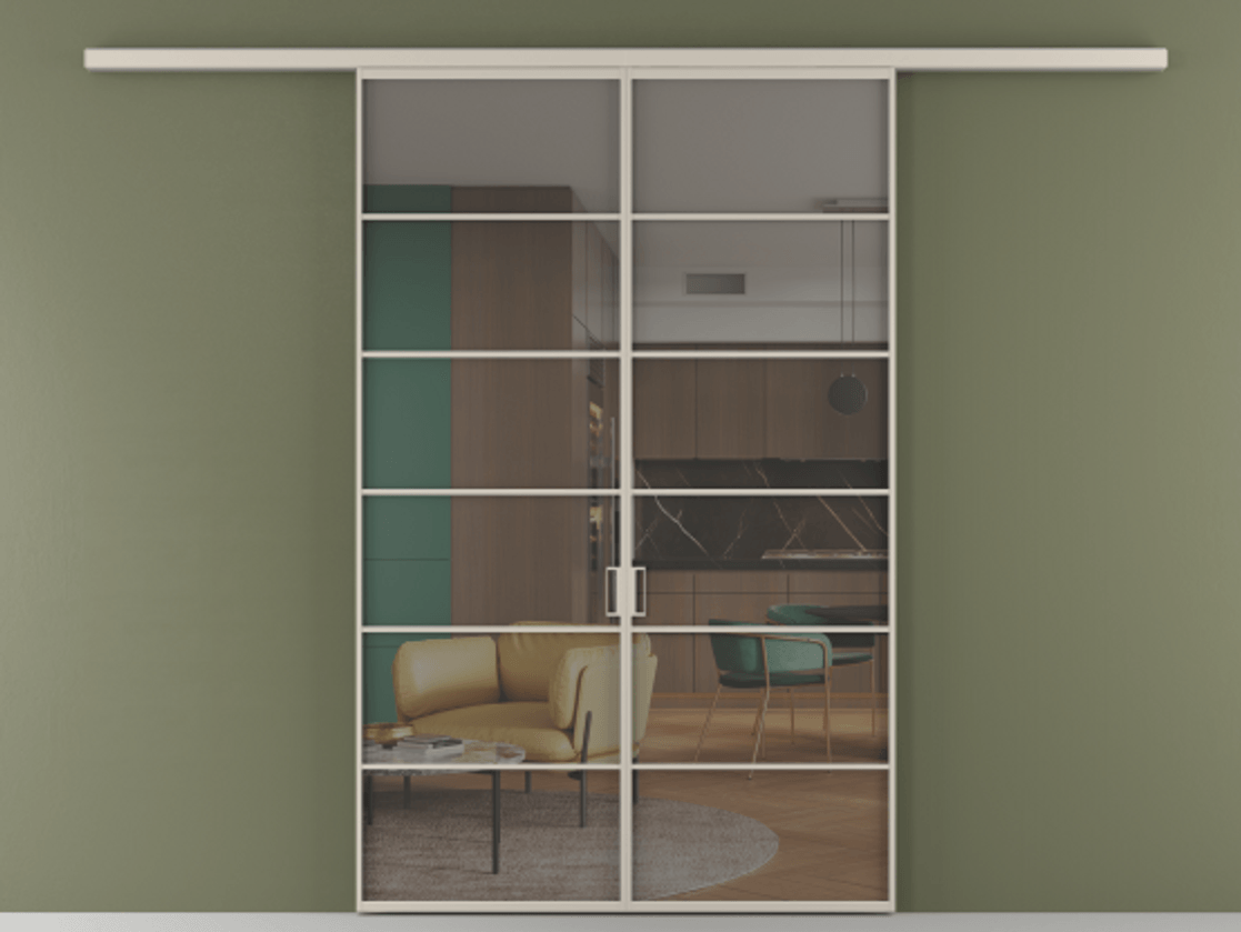 Перегородка Формато вдоль стены 2 створки АЛПР 040.04 Алюминий светло-бежевый Прозрачное серое стекло, триплекс Цена 301610 сом | Volhovec