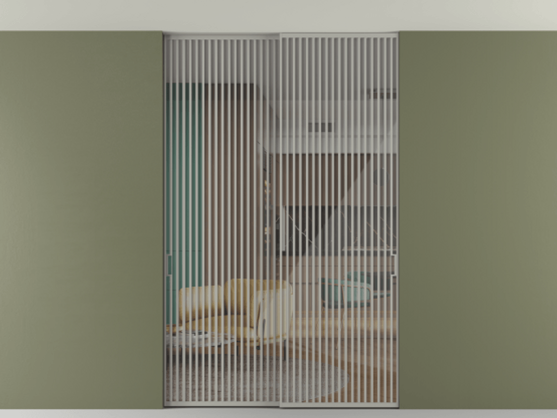 Перегородка Формато внутри проёма скрытое крепление в потолок 2 створки АЛПР 040.06 Алюминий нейтральный серый Рефлективное прозрачное стекло "Стопсол", калёное Цена 27160 AZE | Volhovec