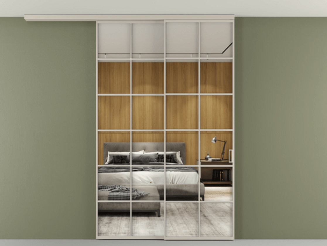 Перегородка Формато вдоль стены на потолок 2 створки с синхронным механизмом АЛПР 040.05 Алюминий светло-бежевый Двустороннее зеркало, триплекс , триплекс 6 мм Цена 424720 сом | Volhovec