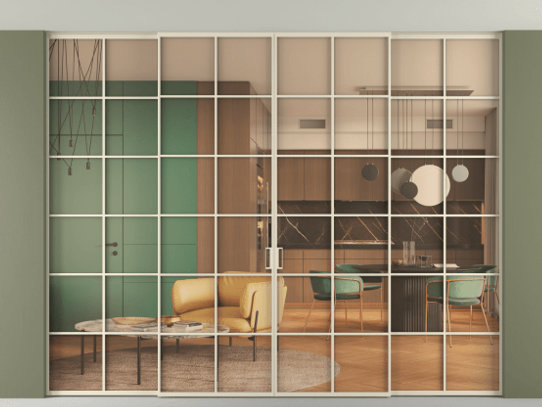 Перегородка Formato внутри проёма скрытое крепление в потолок 4 створки АЛПР 040.05 Алюминий бежево-серый Прозрачное оранжевое стекло, триплекс Цена 705440 сом | Volhovec