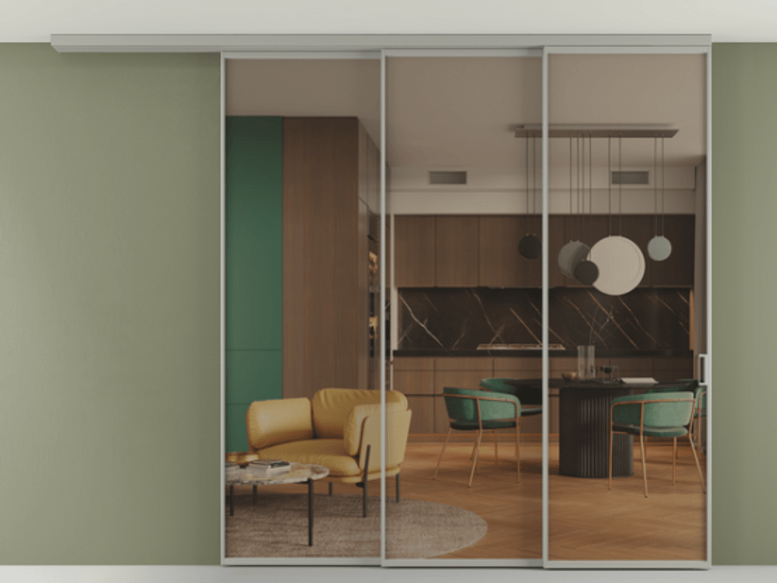 Перегородка Формато вдоль стены на потолок 3 створки с синхронным механизмом АЛПР 040.01 Алюминий нейтральный серый Прозрачное бронзовое стекло, триплекс. Цена 539610 сом 1. Полотно 2 шт. (800/2100 мм)
2. Комплект установки раздвижной системы
3. Базовый комплект фурнитуры
4.Ручка Рондо. Фабрика дверей Волховец 8 (800) 551 43 19 Перегородка Формато вдоль стены на потолок 3 створки с синхронным механизмом АЛПР 040.01 Алюминий нейтральный серый Прозрачное бронзовое стекло, триплекс Цена 539610 сом | Volhovec