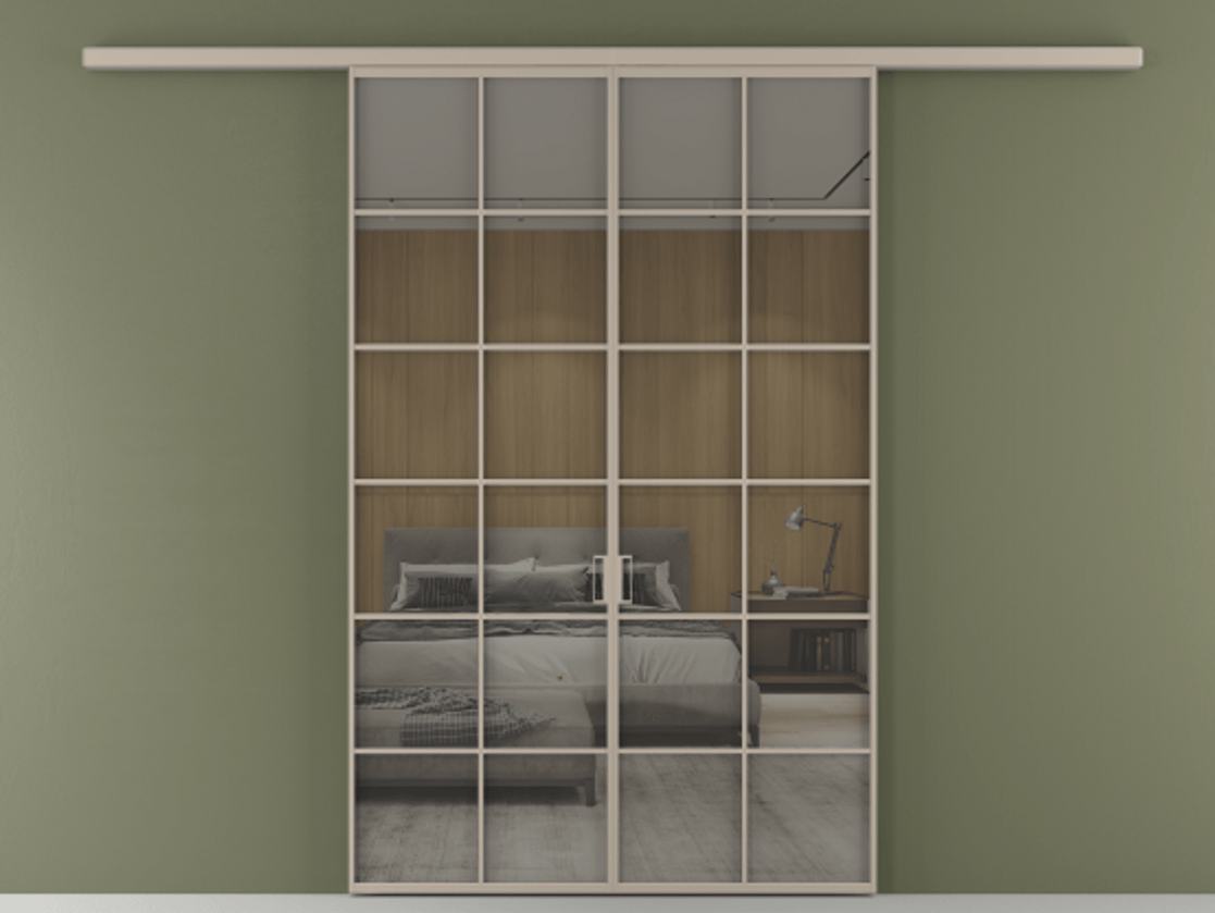 Перегородка Формато вдоль стены 2 створки АЛПР 040.05 Алюминий бисквитный Рефлективное серое стекло "Стопсол", калёное Цена 385260 сом | Volhovec