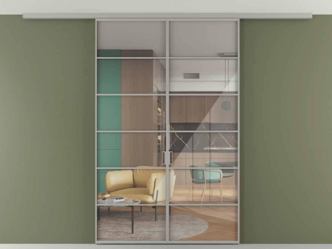 Перегородка Формато вдоль стены на потолок 2 створки АЛПР 040.04 Алюминий нейтральный серый Рефлективное прозрачное стекло "Стопсол", калёное Цена 322360 сом | Volhovec