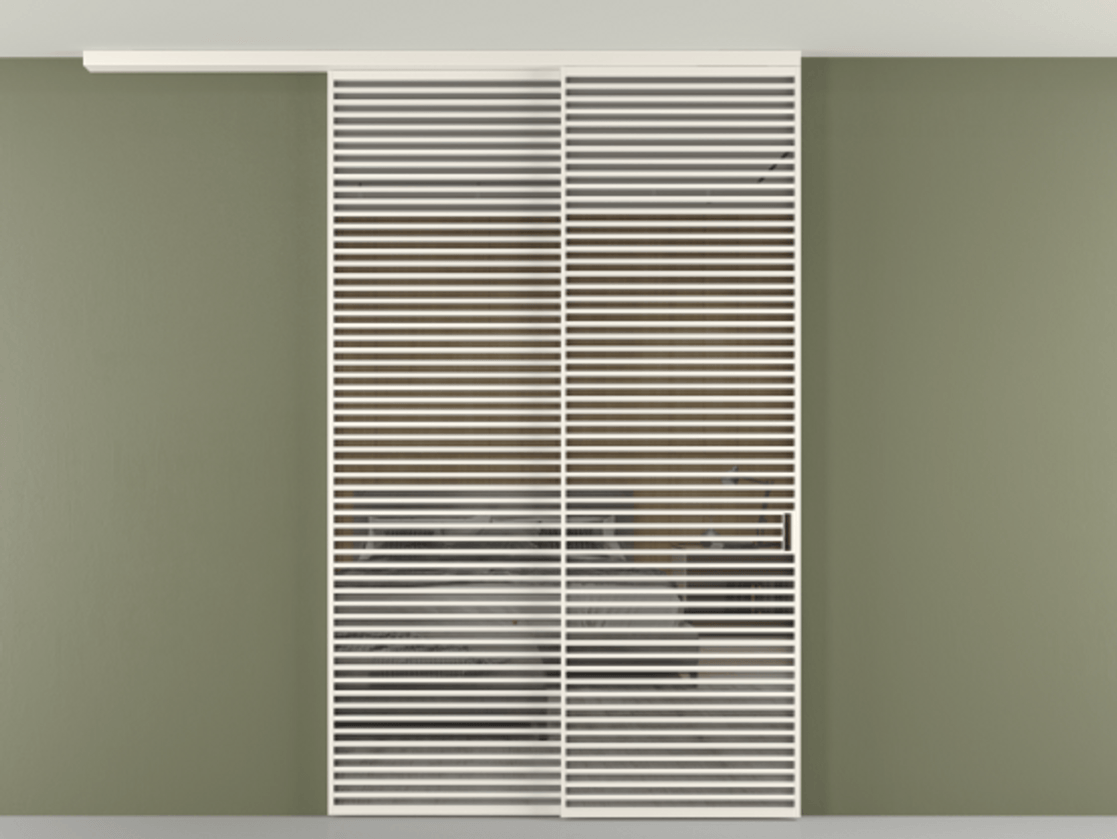 Перегородка Формато вдоль стены на потолок 2 створки с синхронным механизмом АЛПР 040.07 Алюминий пудровый белый Рефлективное серое стекло "Стопсол", калёное Цена 790050 сом | Volhovec