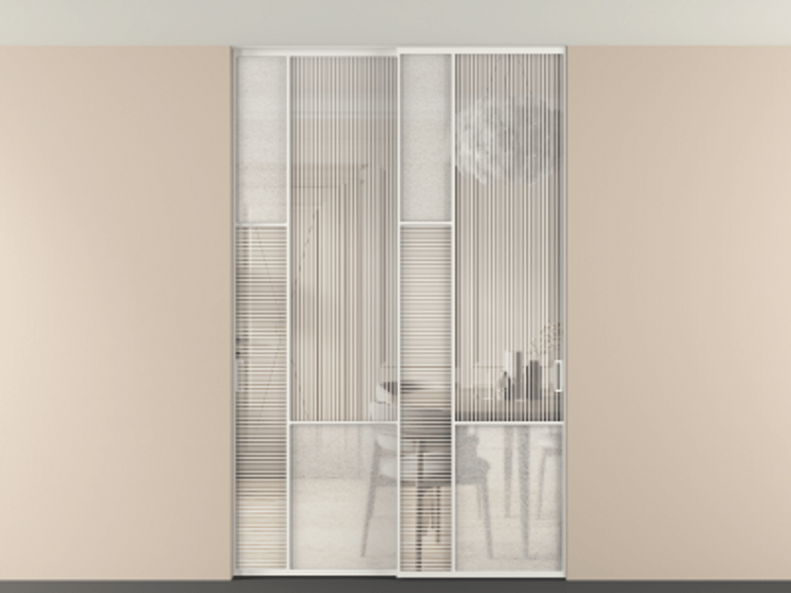 Перегородка Мозаик внутри проёма скрытое крепление в потолок 2 створки АЛПР 041.13 Алюминий светло-серый Рифлёное стекло "Дюна", триплекс, 6 мм + Фактурное стекло "Лёд", триплекс Цена 495880 сом | Volhovec
