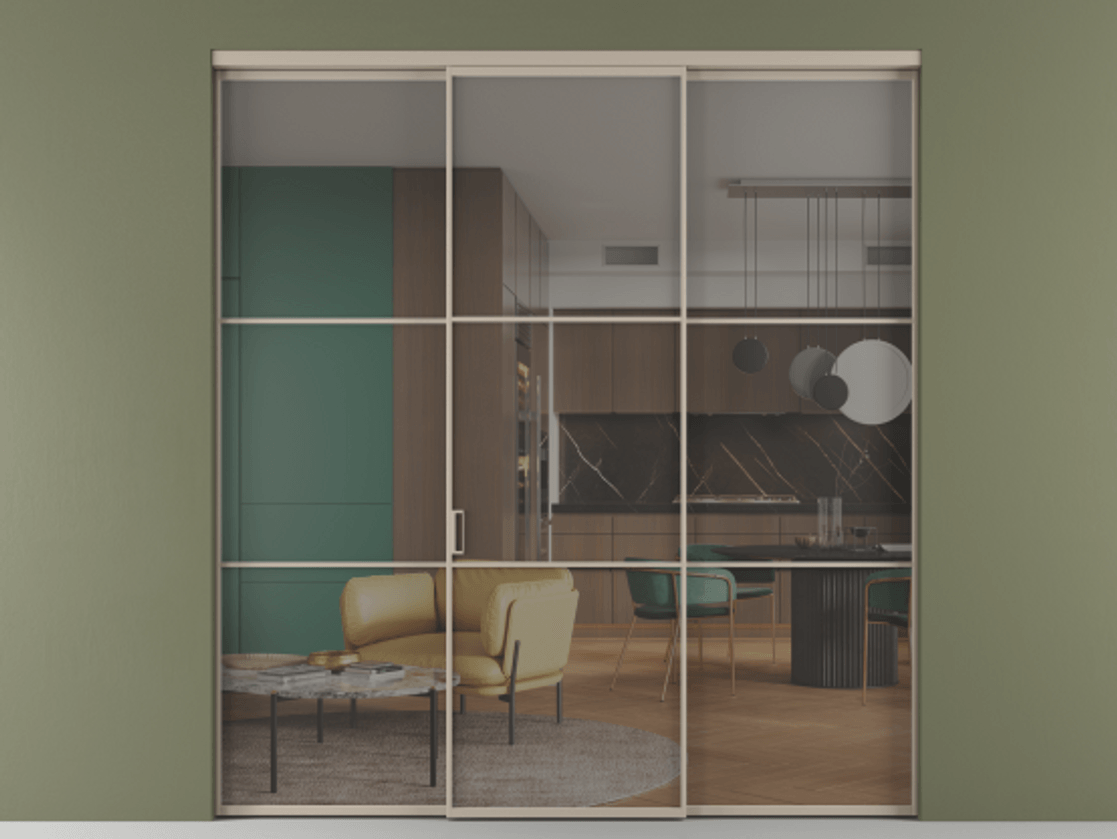 Перегородка Формато внутри проёма 3 створки АЛПР 040.03 Алюминий бисквитный Прозрачное серое стекло, триплекс Цена 345470 сом | Volhovec