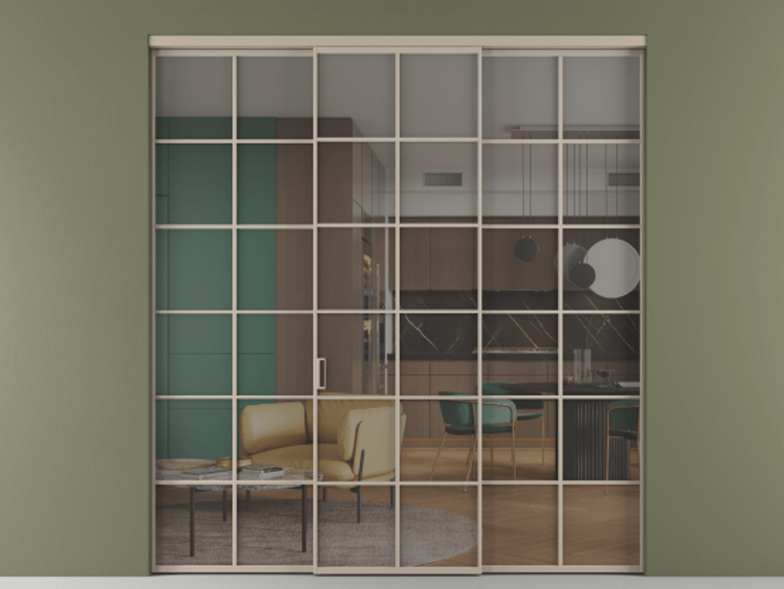 Перегородка Формато внутри проёма 3 створки АЛПР 040.05 Алюминий бисквитный Прозрачное серое стекло, триплекс Цена 371030 сом | Volhovec