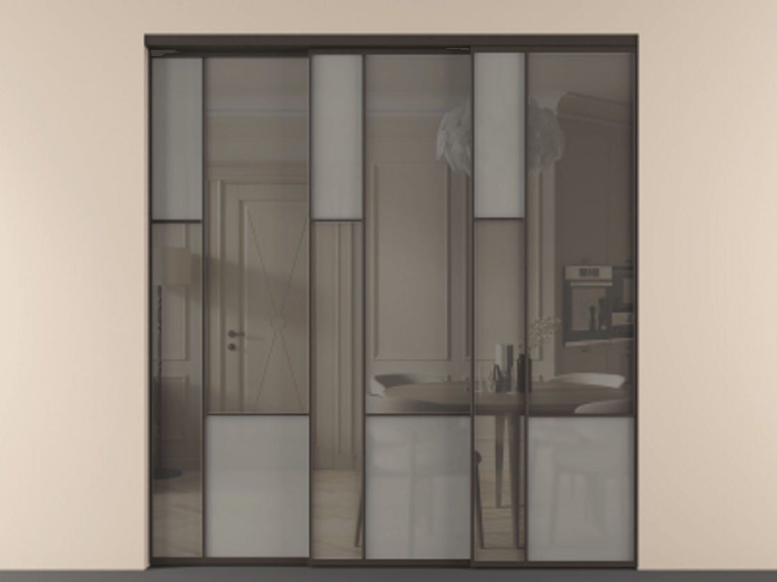 Перегородка Мозаик внутри проёма 3 створки с синхронным механизмом АЛПР 041.13 Алюминий антрацит Сатинированное серое стекло, триплекс, 6 мм + Прозрачное серое стекло, триплекс Цена 636840 сом | Volhovec