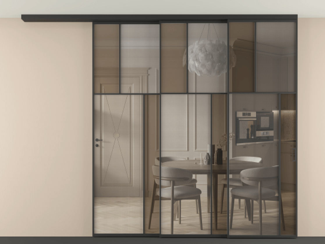 Перегородка Mosaic вдоль стены телескопик синхро-3 АЛПР 041.23 Алюминий Черный Mesh silver + Бронза прозрачное триплекс Цена 629920 сом | Volhovec