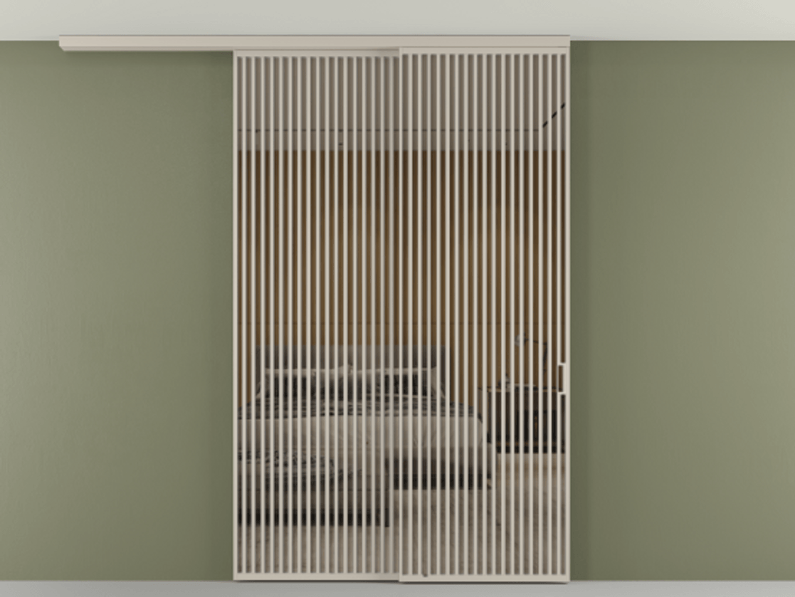 Перегородка Формато вдоль стены на потолок 2 створки с синхронным механизмом АЛПР 040.06 Алюминий светло-бежевый Рефлективное бронзовое стекло "Стопсол", калёное Цена 674501 сом | Volhovec