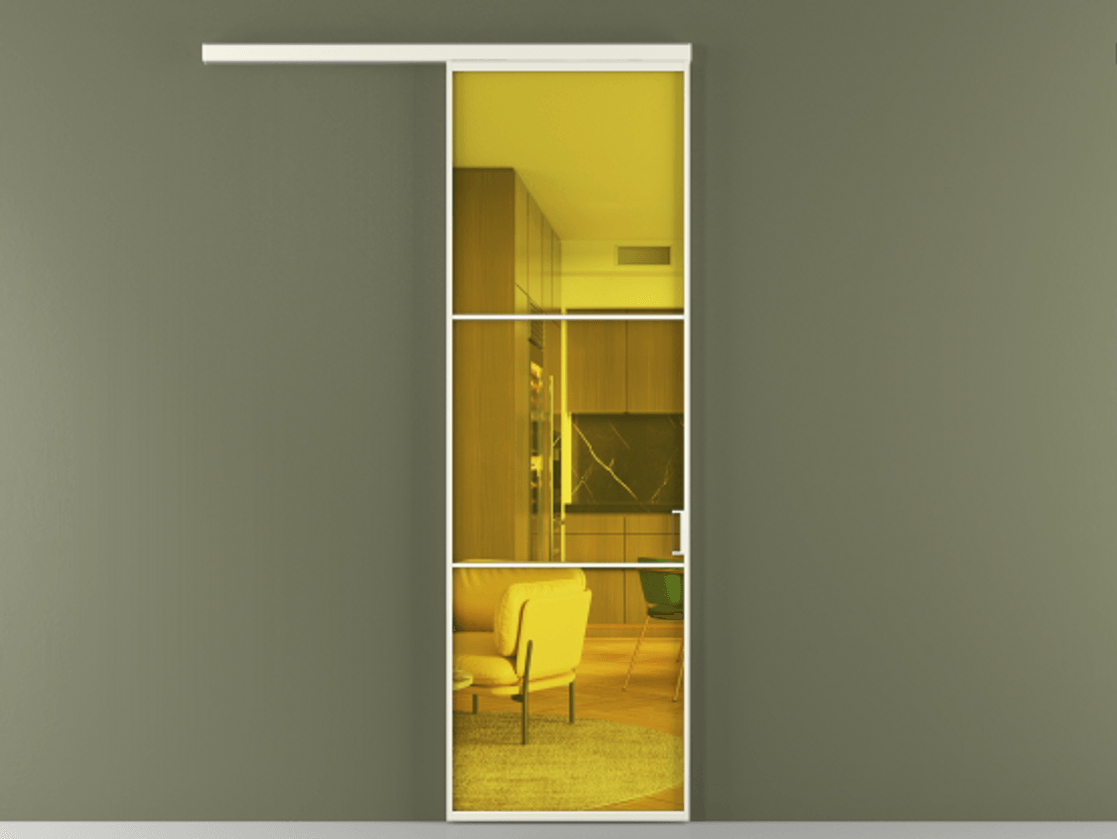 Перегородка Формато вдоль стены 1 створка АЛПР 040.03 Алюминий жемчужный Прозрачное жёлтое стекло, триплекс Цена 154450 сом  | Volhovec