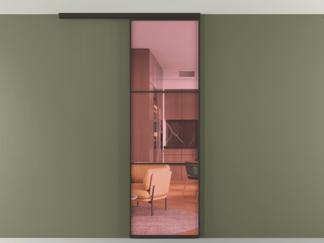 Перегородка Formato вдоль стены на потолок 1 створка АЛПР 040.03 Алюминий антрацит Прозрачное розовое стекло, триплекс Цена 147040 сом | Volhovec